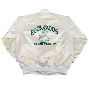 Vintage Buckaroos Rodeo Satin Bomber Jacket Allen Park MI USA Cream White Large